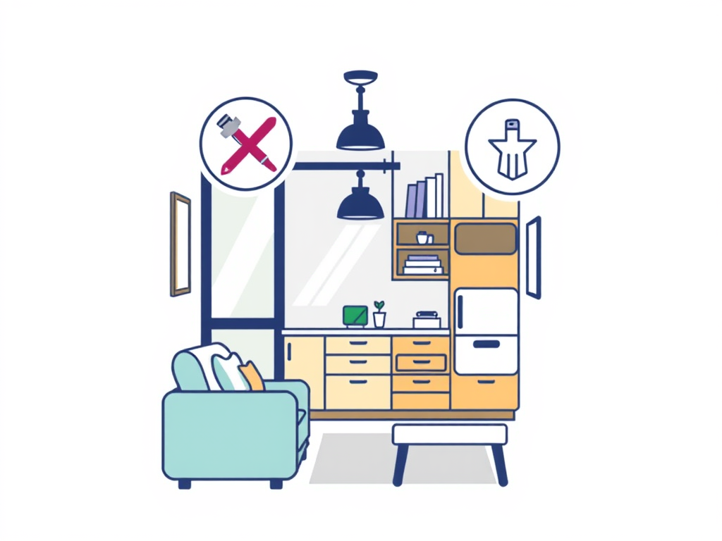 Illustration of a modern living space featuring a couch, shelving units, and kitchen appliances, with icons indicating what should and shouldn't be included in the design.