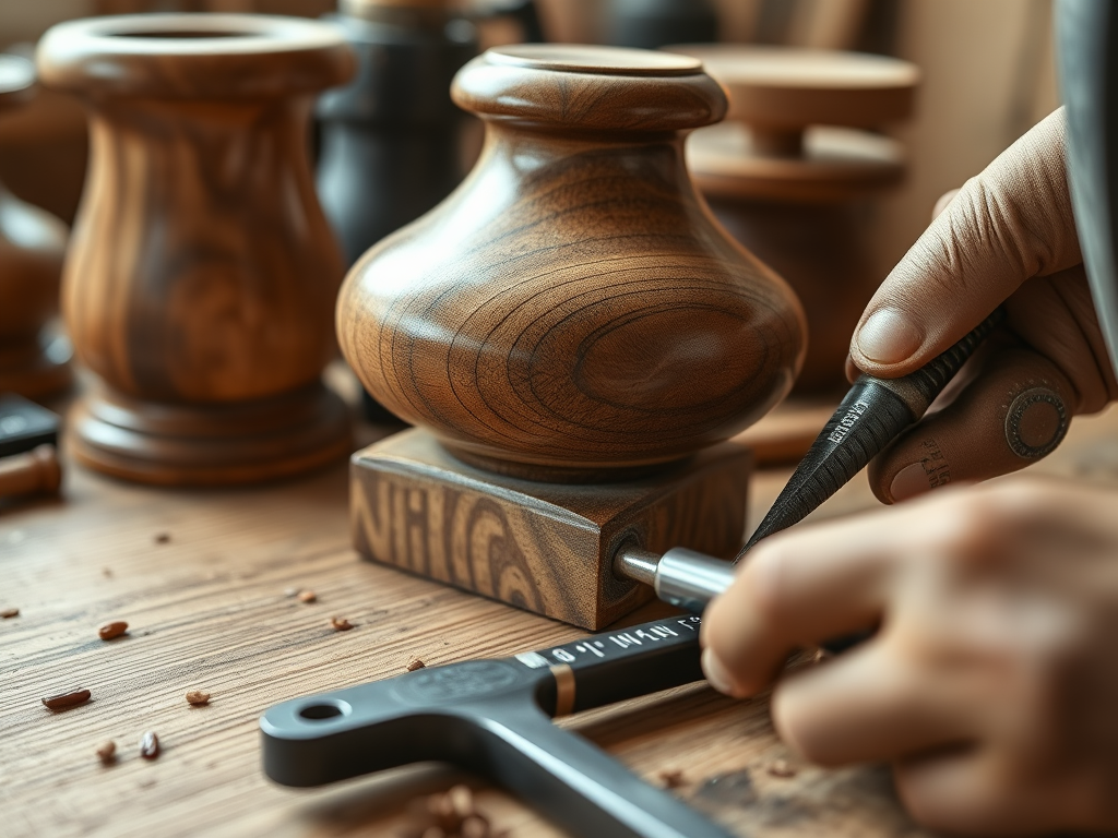 A close-up of a hand working on a wooden object in a workshop, surrounded by various woodworking tools and finished wooden pieces.